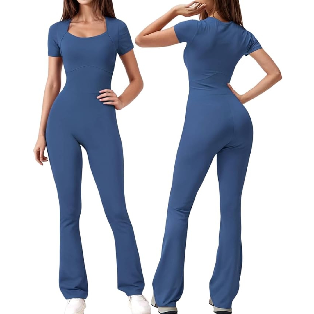 Wenlia One Piece Flare Jumpsuit for Women, Casual Short Sleeve Square Neck Flare Leg Bottoms Bodycon Unitard Jumpsuits